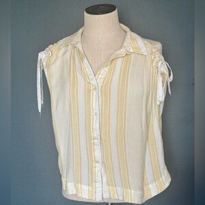 Free People Yellow & White Striped Tie-Sleeve Button Front Top